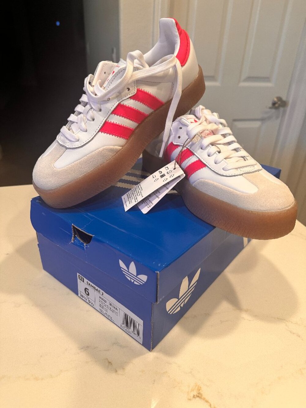 Adidas Samba J - 6 US Kid /7.5 US Women's White pink stripes